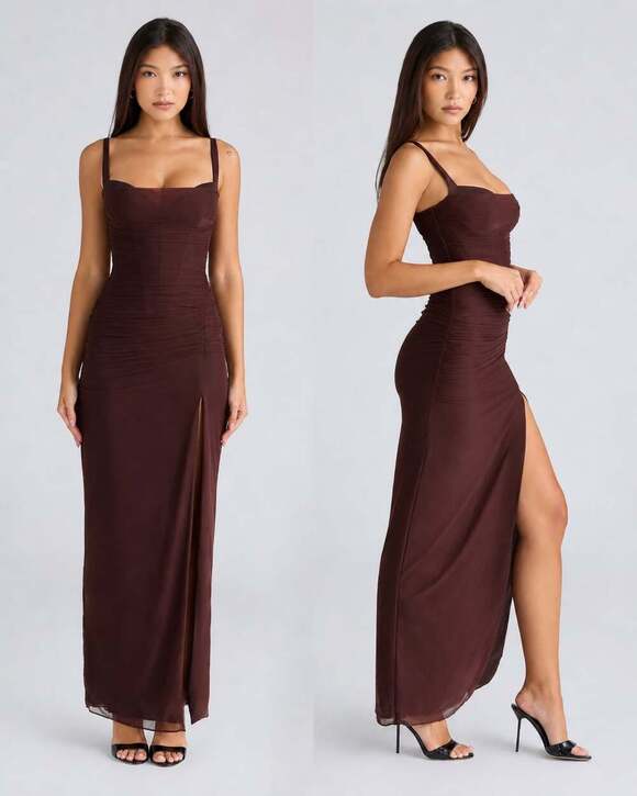 House of CB Dresses & Skirts - House of CB Lulu Chocolate Ruched Mesh Maxi Dress Size S Regular Cup (A-C)